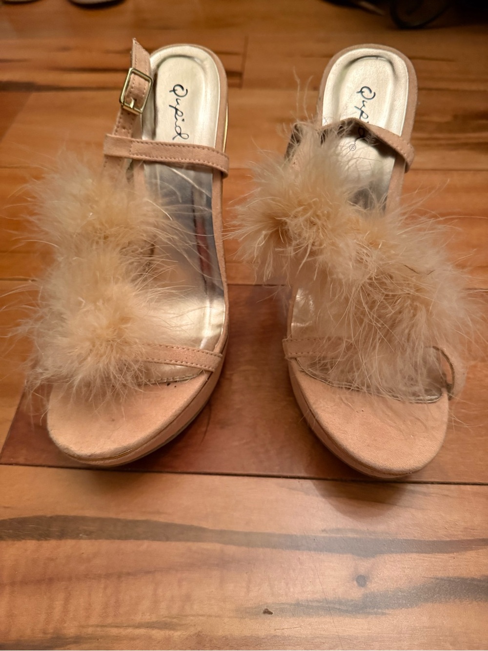 Qupid Tan Feathered Slide Heels
